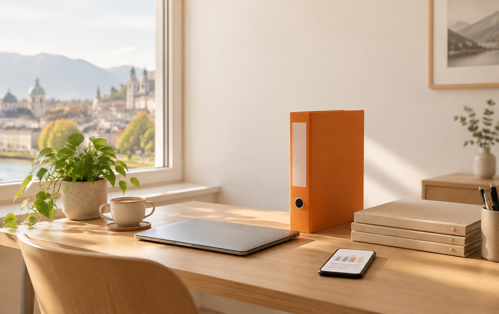 Aufgeräumter Schreibtisch im Tageslicht mit einer orangen Monatsmappe, Laptop und Kaffeetasse
