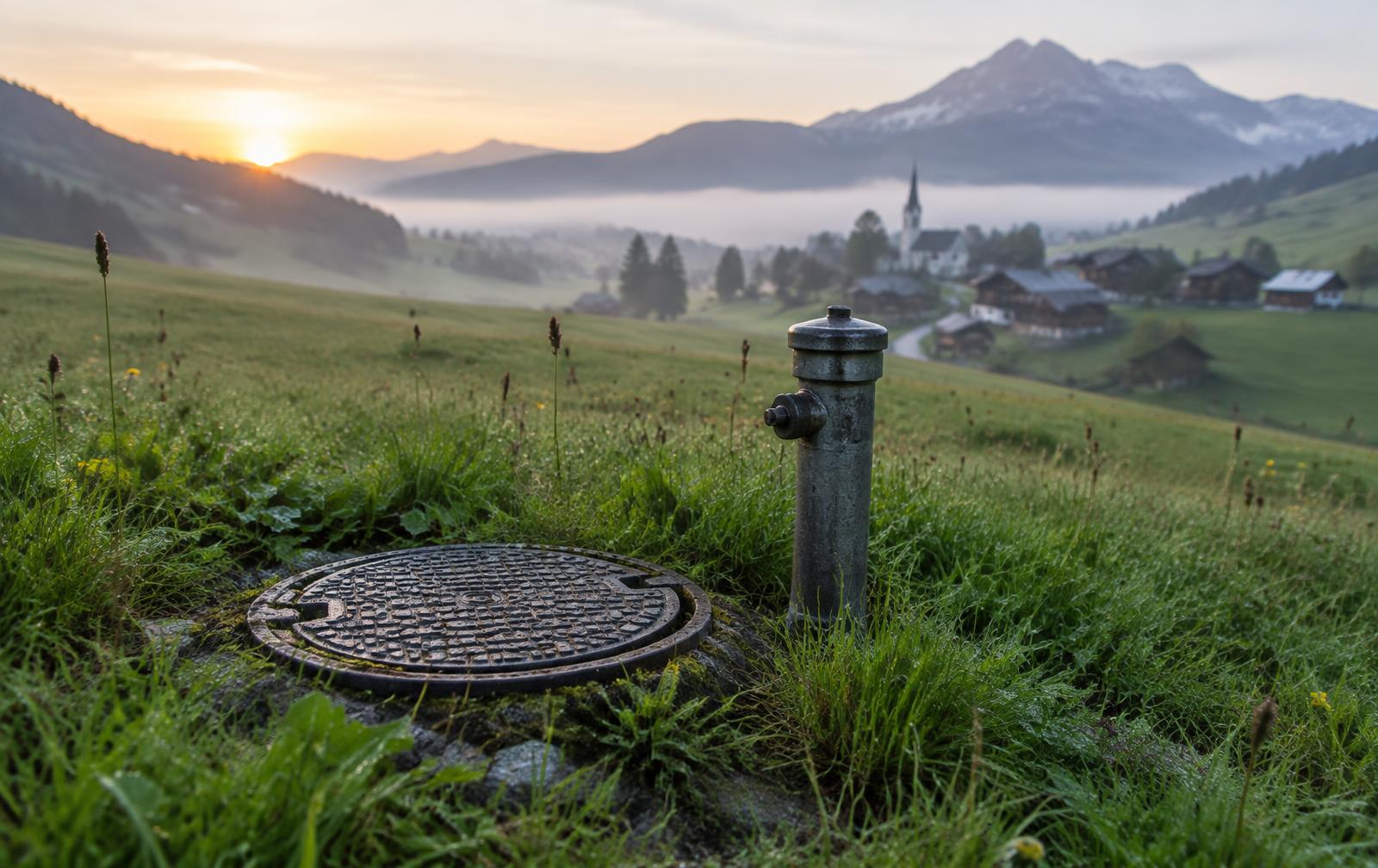 Zählerdeckel und Standrohr in einer alpinen Wiese im Morgennebel